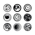 Set of spiral and swirl motion elements. Black isolated abstract objects, icons. Different brush textures, vector Royalty Free Stock Photo