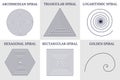 Set of spirals of different types: archimedean, geometric, rectangular, triangular, hexagonal and golden ratio. Vector editable