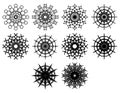 Set of spirograph design shapes. Flowers and snowflakes. Black outline. Web design elements isolated on white background