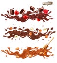 Set of splash of chocolate with whole and sliced cherry, raspberry, almond, nuts and caramel on transparent background. Vector