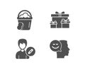 Sponge, Edit person and Surprise boxes icons. Good mood sign. Cleaner bucket, Change user info, Holiday gifts. Royalty Free Stock Photo