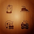 Set Sponge, Toilet paper roll, Washing dishes and Electric iron on wooden background. Vector