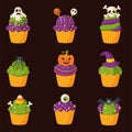 Set of spooky cartoon Halloween cupcakes on isolated background.