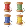 Set of spool of cartoon colorful thread. Equipment sewing workshop isolated on white background. Vector close-up Royalty Free Stock Photo