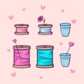 Set of spools with threads and thimbles in doodle style isolated on pink background with hearts