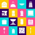 Set Spoon, Electric stove, Electronic scales, Kitchen colander, Blender, mixer, Oven and French press icon. Vector