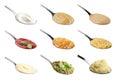 Set of spoons with different food isolated on white Royalty Free Stock Photo