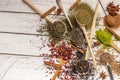 Set of spoons with different spices on table Royalty Free Stock Photo