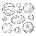 Set sport balls icons. Engraving black illustration. Isolated on white Royalty Free Stock Photo
