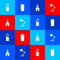 Set Sport bottle with water, Fitness shaker, Church building and Table lamp icon. Vector