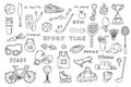 Set of sport elements with lettering. Funny doodle hand drawn vector illustration. Cute cartoon black and white collection Royalty Free Stock Photo