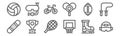 Set of 12 sport equipment icons. outline thin line icons such as helmet, basketball, trophy, american football, bicycle, diving Royalty Free Stock Photo