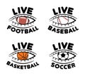 Set of sport event icons for live football, baseball, basketball