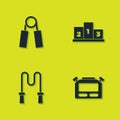 Set Sport expander, Stopwatch, Jump rope and Award over sports winner podium icon. Vector Royalty Free Stock Photo