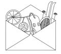 Set of sport and gaming items in a postal envelope