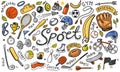 Set of sport icons doodle style. Equipment for fitness and training. Symbols of health and activity. Tennis and football Royalty Free Stock Photo