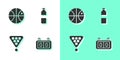 Set Sport mechanical scoreboard, Basketball ball, Billiard balls in rack triangle and Bottle of water icon. Vector