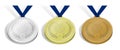 Set of sport medals with emblem of crossed sports golf club and ball with laurel wreath for golf competition. Gold, silver and