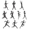 Set of sport movements people silhouette. Active fitness, run, exercise and athletic man and woman variety size. Flat