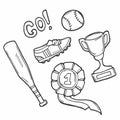 Set of sport related icons in doodle style. Baseball equipment, protective gear, snacks and cocktail, winners prizes. Isolated