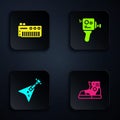 Set Sport sneakers, Music synthesizer, Electric bass guitar and Retro cinema camera. Black square button. Vector Royalty Free Stock Photo