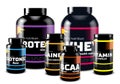 Set of sport supplement cans and jars. Sport food containers for fitness and healthy lifestyle. Protein, whey, gainer