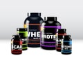 Set of sport supplement cans and jars. Sport food containers for fitness and healthy lifestyle. Protein, whey, gainer