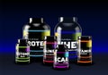 Set of sport supplement cans and jars. Sport food containers for fitness and healthy lifestyle. Protein, whey, gainer