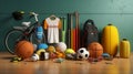 set of sporting goods on the ground Royalty Free Stock Photo