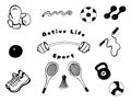 Set of sports and active lifestyle drawn by hand. Black line elements isolated on white background Royalty Free Stock Photo