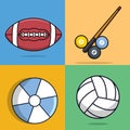 Set of Sports American Football, Volleyball, Billiard stick and balls, Colorful Beach Balloon vector illustration Royalty Free Stock Photo