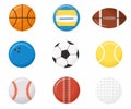 Set of sports balls flat style icons: volleyball, basketball, football, cricket, american football, bowling, baseball, tennis, Royalty Free Stock Photo