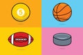 Set of Sports Balls, Hockey Puck, American Football Ball, Billiard Balls, Basketball vector illustration.