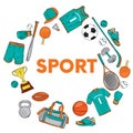 A set of sports clothes and items for different sports. T-shirt, shorts, sneakers, bag, football and basketballs, volan, tennis ra