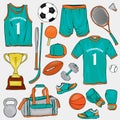 A set of sports clothes and items for different sports. T-shirt, shorts, sneakers, bag, football and basketballs, volan, tennis ra