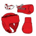 A set of sports equipment. Boxing helmet, gloves and kapy for teeth. Vector illustration.