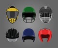 Set of sports helmets on a gray background. Protective equipment in a realistic style