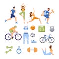 Set of sports items. Happy people in sport clothes doing workout, yoga, and stretching.