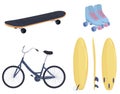 Set of sports items: skateboard, roller skates, bike, surfboard isolated on white background. sports accessories and paraphernalia
