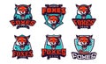 Set of sports logos with fox mascots. Colorful collection sports emblem with fox mascot and bold font on shield Royalty Free Stock Photo