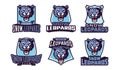 Set of sports logos with snow leopard mascots. Colorful collection sports emblem mascot and bold font on shield
