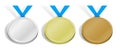 Set of sports medals. Templates, layouts for sports design decoration. Gold, silver and bronze award with blue ribbon. 3d vector