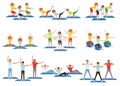 Set of sports people in gym. Group fitness training. Active and healthy lifestyle. Men and women doing exercises. Young Royalty Free Stock Photo