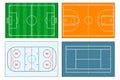 Set of sports play-fields. Soccer football field, tennis and basketball courts, ice hockey rink. Vector illustrator.