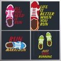 Set of Sports quotes on dark background with sneakers.