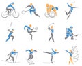 A set of sports: soccer, tennis, volleyball, skiing and more. Isolated stylized illustration on a white background.