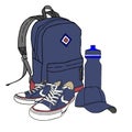 Set for sports tourism. Backpack and baseball cap, sneakers and bottle for water. Four icons on white background Royalty Free Stock Photo