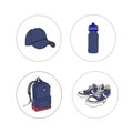 Set for sports tourism. Icons on white background. Backpack and baseball cap, sneakers and bottle for water.