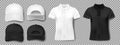 Set of sports wear template. Black and white baseball cap and polo shirt mockup, front and back view. Realistic t-shirt Royalty Free Stock Photo