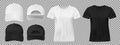 Set of sports wear template. Black and white baseball cap and t-shirt mockup, front and back view. vector illustration Royalty Free Stock Photo